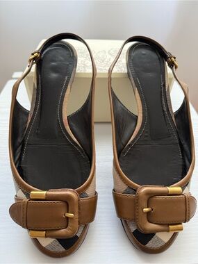 Burberry Brown and Black Plaid Slingback Mules with Buckle